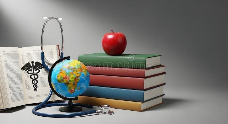 Offenes Medizinbuch mit Stethoskop, Globus, Büchern und rotem Apfel